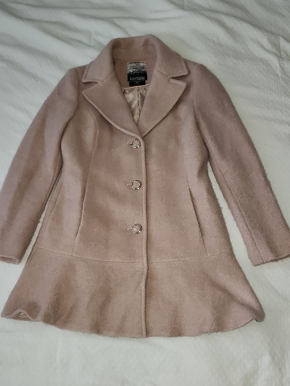 Kensie Nude Pink Wool Blend Fit & Flare Peplum Mid Length Coat Jacket Size M